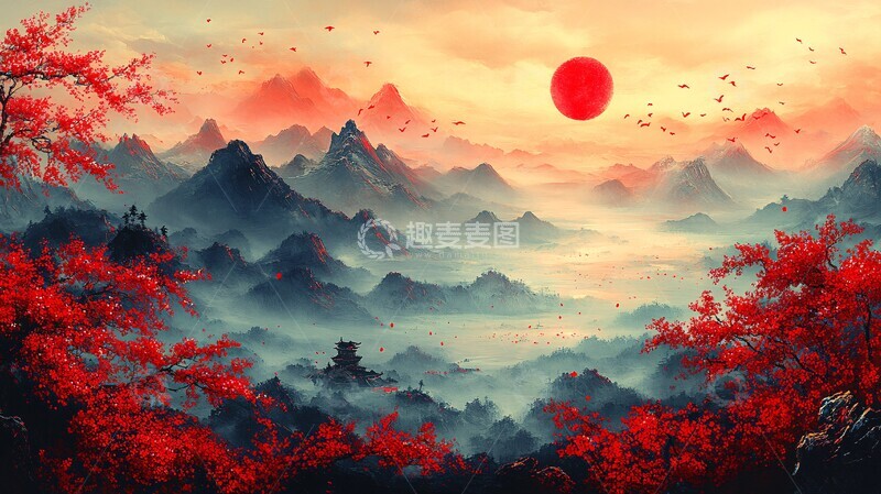 高清大图下载【趣麦麦图】樱花山鸟图樱花动物风景