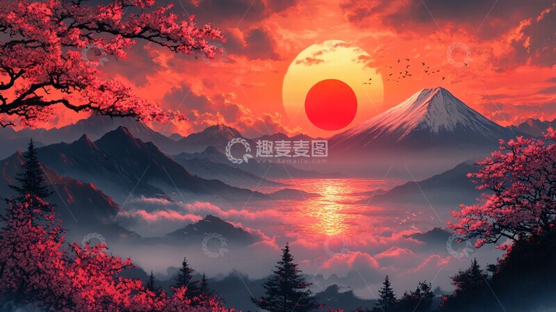 高清大图下载【趣麦麦图】樱花山鸟图樱花动物风景2