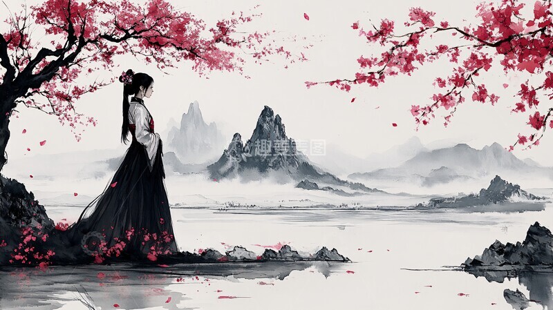 高清大图下载【趣麦麦图】桃花树下的女子1