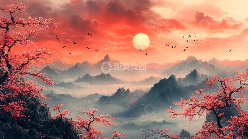 高清大图下载【趣麦麦图】樱花山鸟图樱花动物风景1