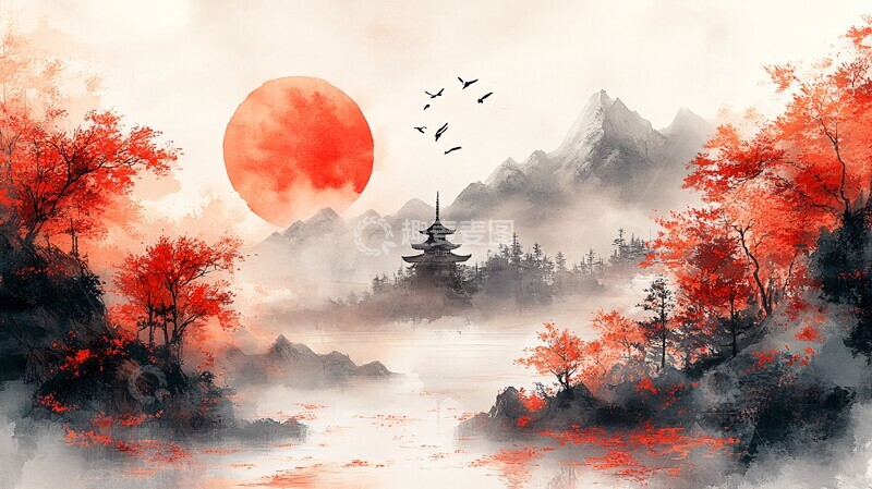 高清大图下载【趣麦麦图】秋晨静谧日本风格绘画