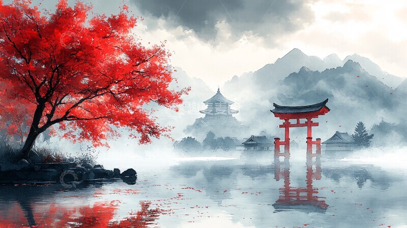 高清大图下载【趣麦麦图】樱花树与神社