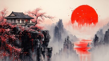 悬崖上的房屋与樱花树1