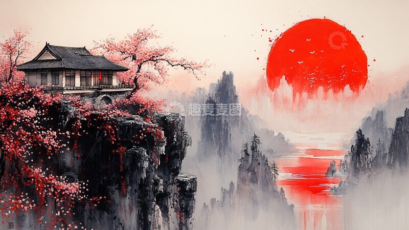 高清大图下载【趣麦麦图】-悬崖上的房屋与樱花树1