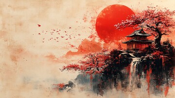 悬崖上的房屋与樱花树