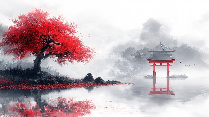 高清大图下载【趣麦麦图】樱花树与神社2