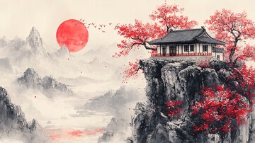 悬崖上的房屋与樱花树2