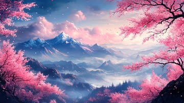 樱花与山景樱花山景山水