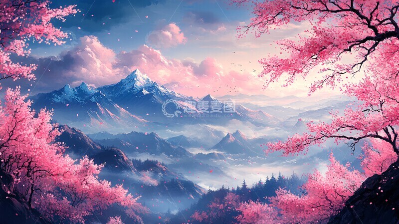 高清大图下载【趣麦麦图】樱花与山景樱花山景山水