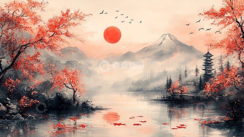 高清大图下载【趣麦麦图】樱花鲤鱼富士山3