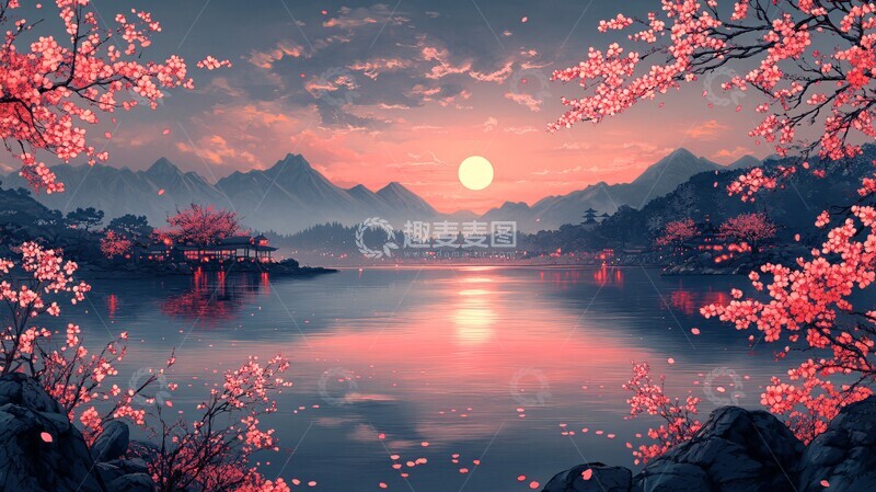 高清大图下载【趣麦麦图】樱花河畔晚照