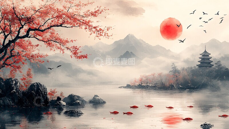 高清大图下载【趣麦麦图】樱花鲤鱼富士山2