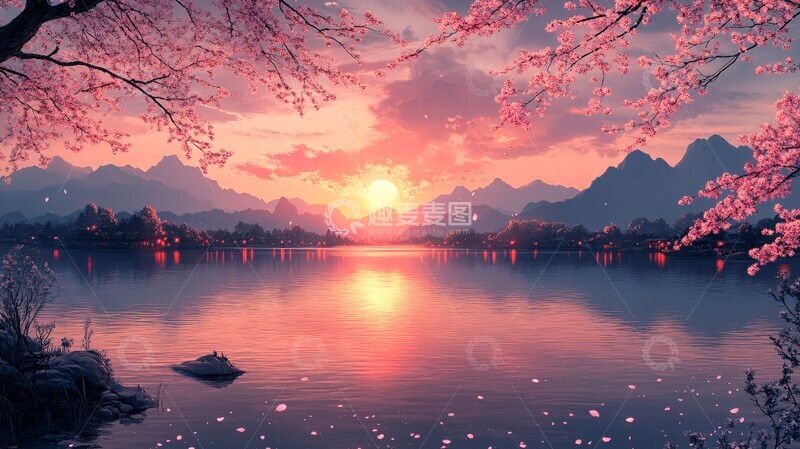 高清大图下载【趣麦麦图】樱花河畔晚照1