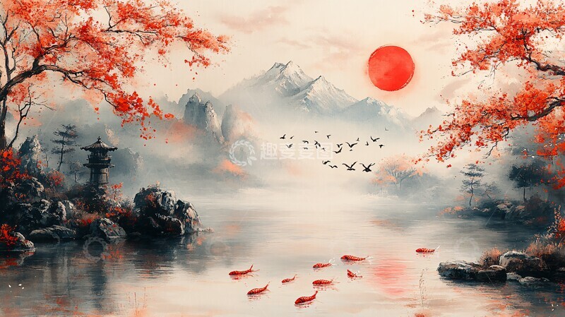 高清大图下载【趣麦麦图】樱花鲤鱼富士山