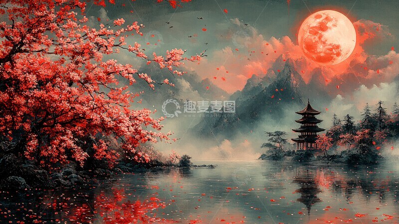高清大图下载【趣麦麦图】樱花湖畔塔影月