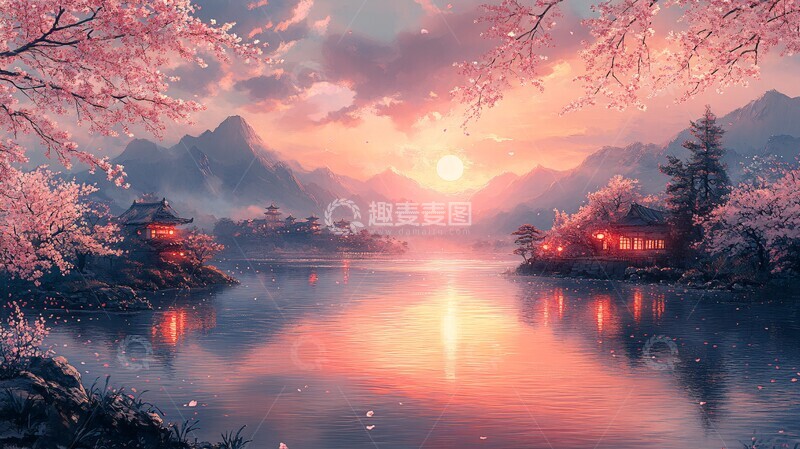 高清大图下载【趣麦麦图】樱花河畔晚照3