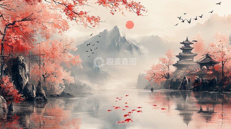 高清大图下载【趣麦麦图】樱花鲤鱼富士山1