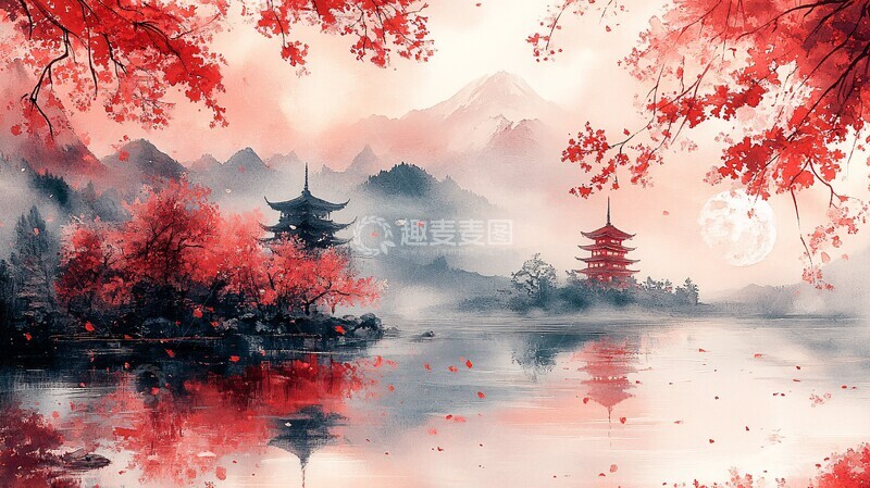 高清大图下载【趣麦麦图】樱花湖畔塔影月1