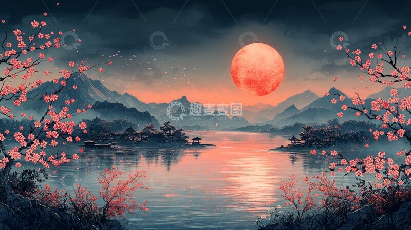 高清大图下载【趣麦麦图】樱花河畔晚照2