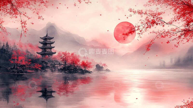 高清大图下载【趣麦麦图】樱花湖畔塔影月3