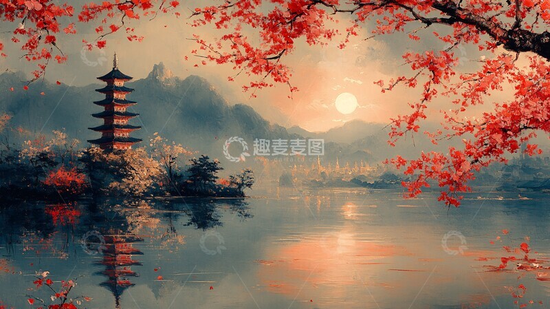 高清大图下载【趣麦麦图】樱花湖畔塔影月2