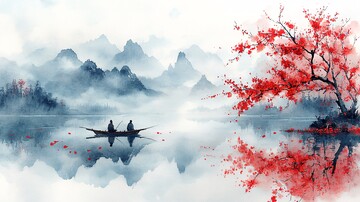 渔舟晚唱渔舟湖水山峦