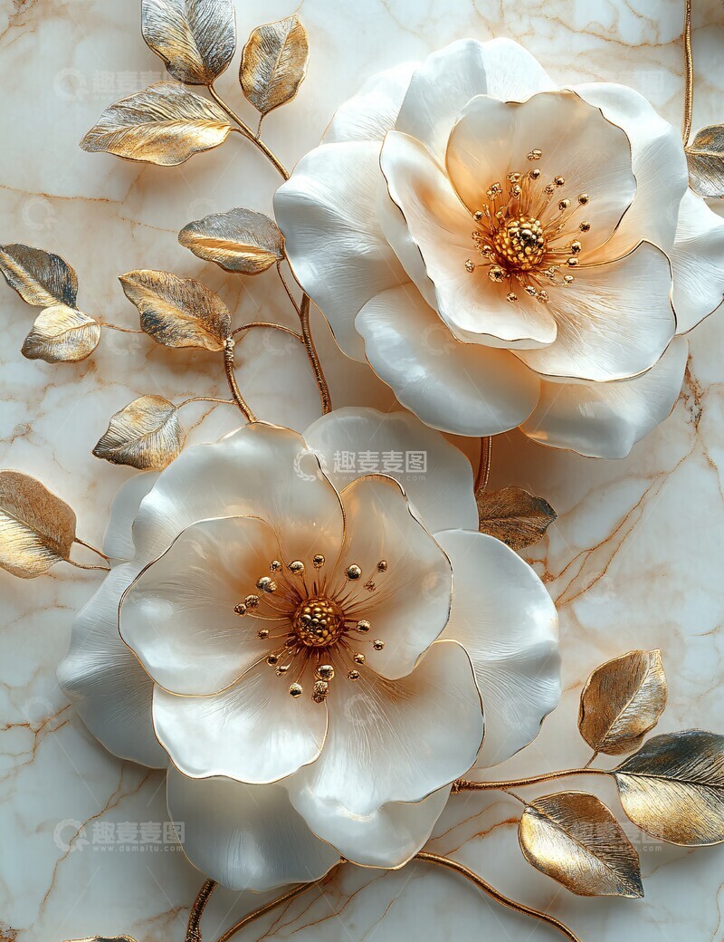 高清大图下载【趣麦麦图】白玫瑰金瓣壁画