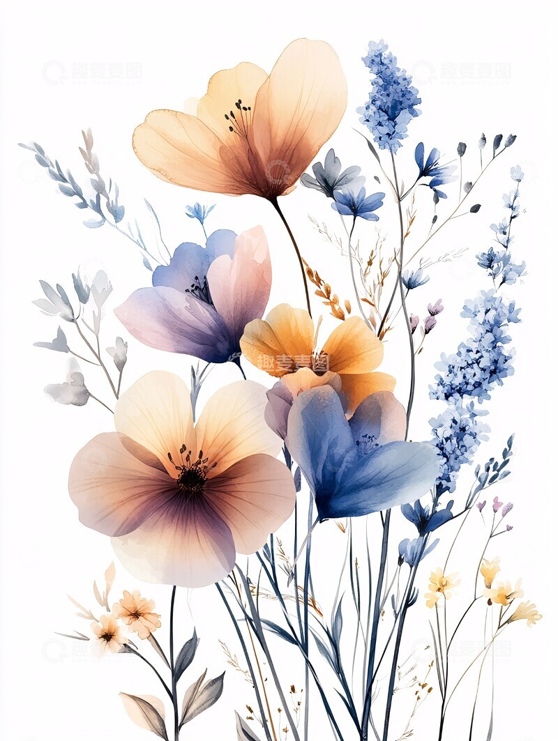 高清大图下载【趣麦麦图】轻柔花束水彩画