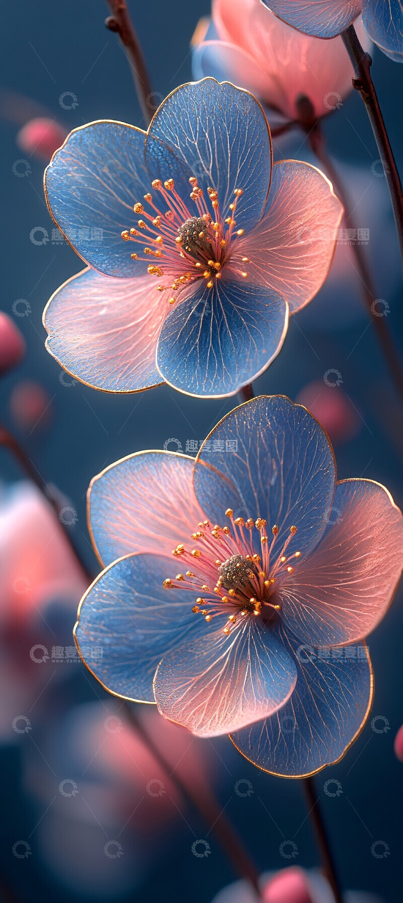高清大图下载【趣麦麦图】粉色蓝花金色壁纸3