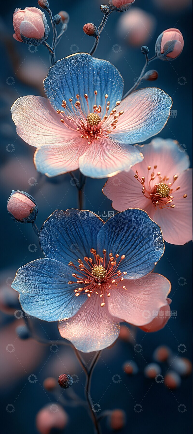 高清大图下载【趣麦麦图】粉色蓝花金色壁纸