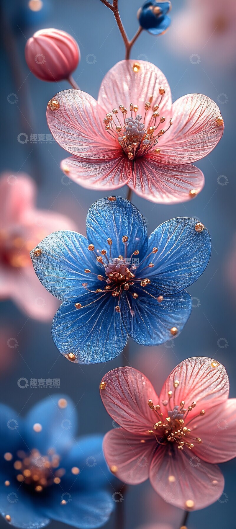 高清大图下载【趣麦麦图】粉色蓝花金色壁纸2