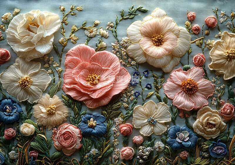 高清大图下载【趣麦麦图】粉色花卉刺绣图案2