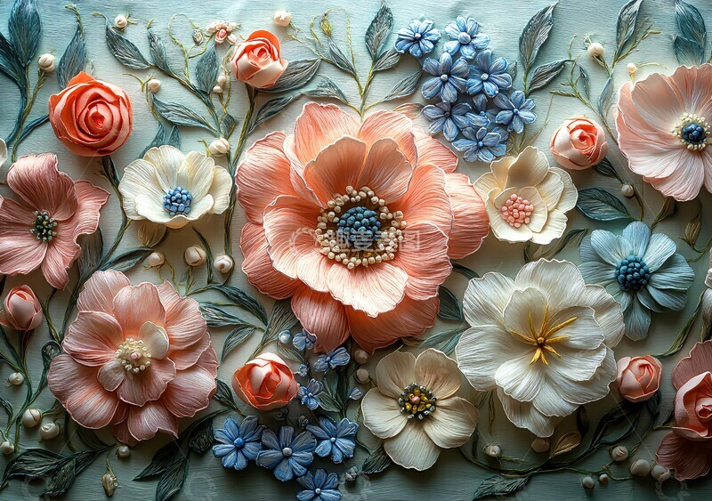 高清大图下载【趣麦麦图】粉色花卉刺绣图案1