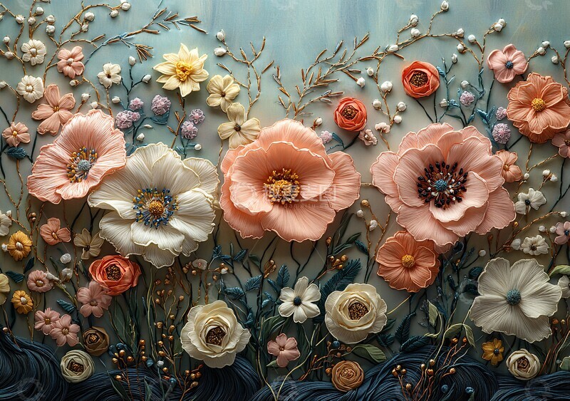 高清大图下载【趣麦麦图】粉色花卉刺绣图案3