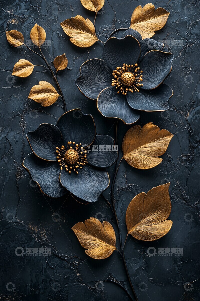 高清大图下载【趣麦麦图】黑金花朵墙饰1