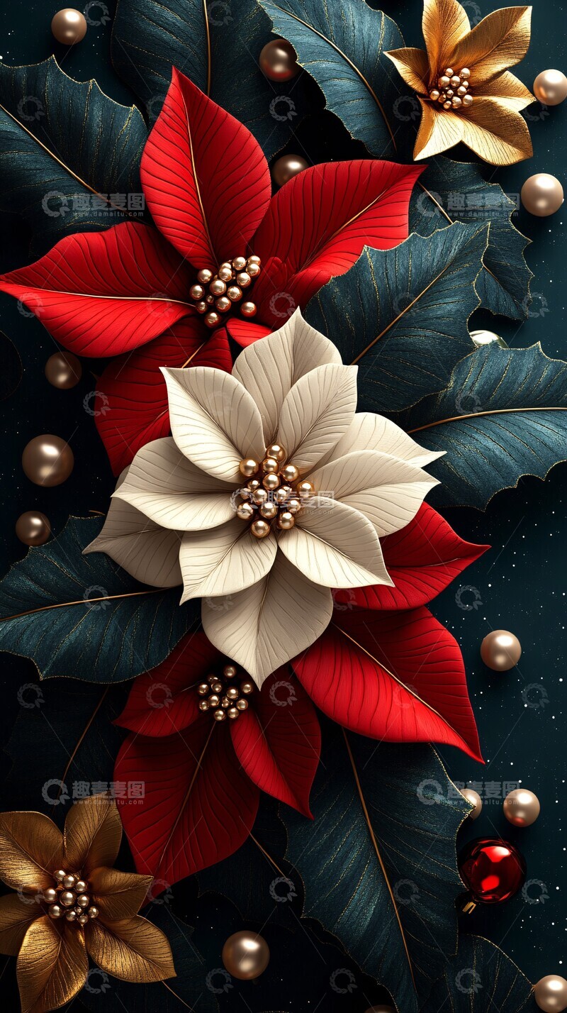 高清大图下载【趣麦麦图】波点珍珠花圣诞背景2