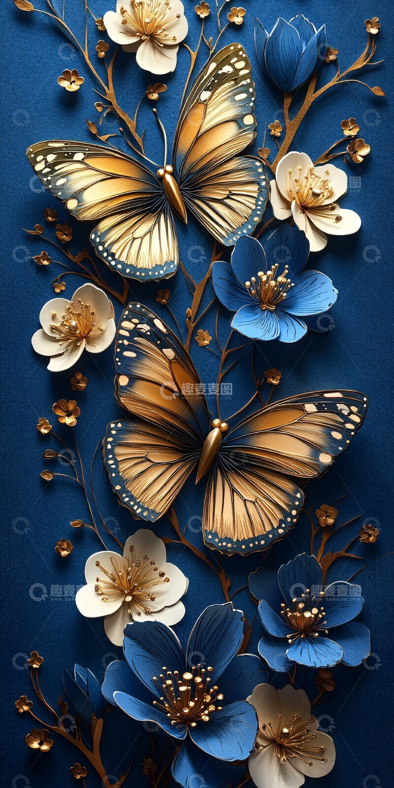 高清大图下载【趣麦麦图】三蝶白梅图三蝶白梅蓝底3