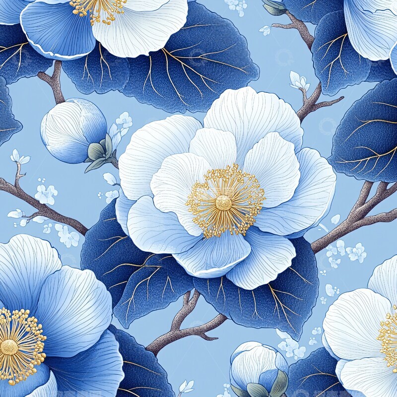 高清大图下载【趣麦麦图】蓝白山茶花图案