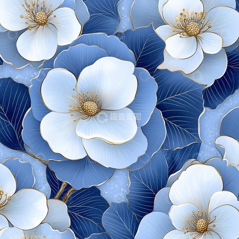 高清大图下载【趣麦麦图】蓝白山茶花图案1