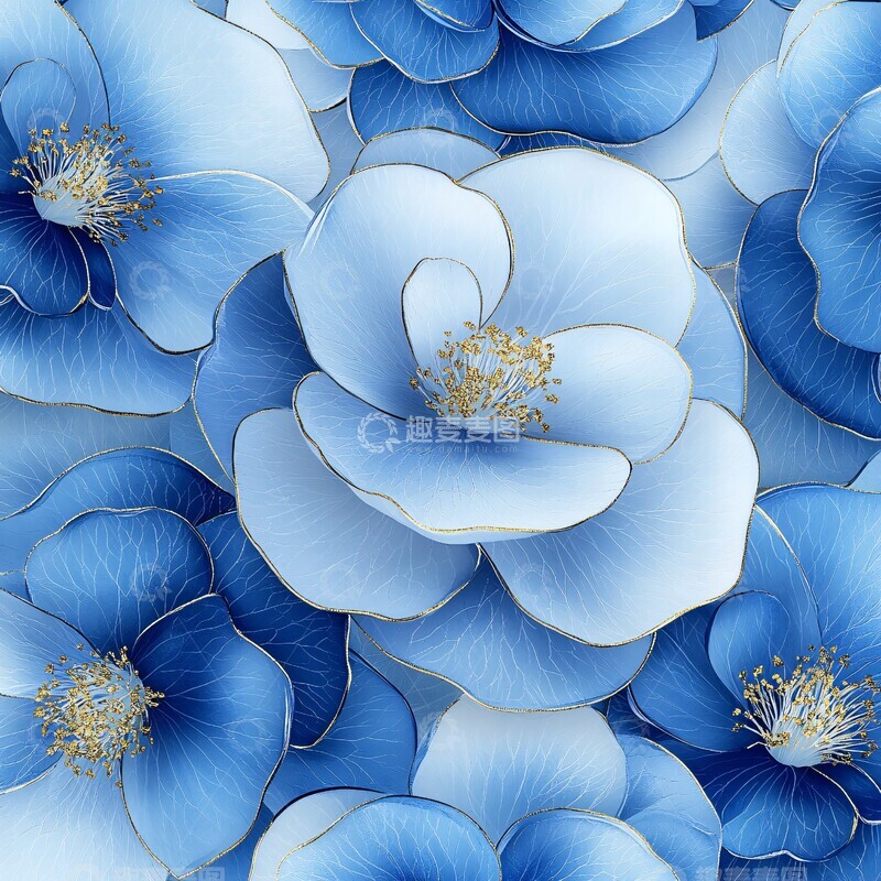 高清大图下载【趣麦麦图】蓝白山茶花图案3