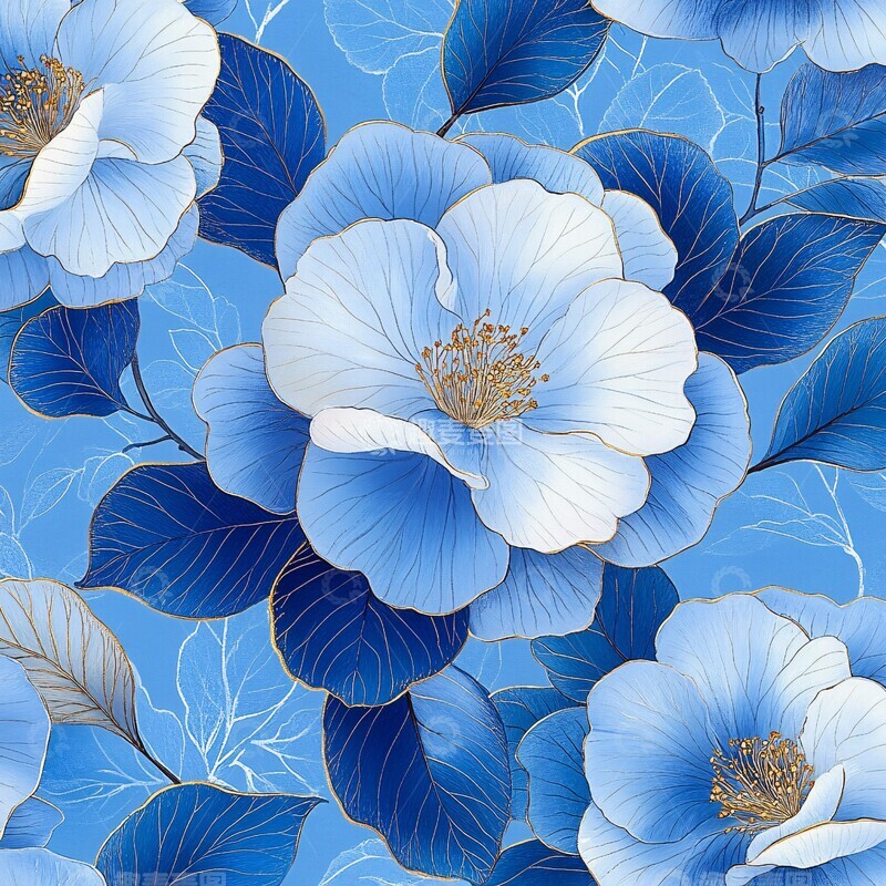 高清大图下载【趣麦麦图】蓝白山茶花图案2