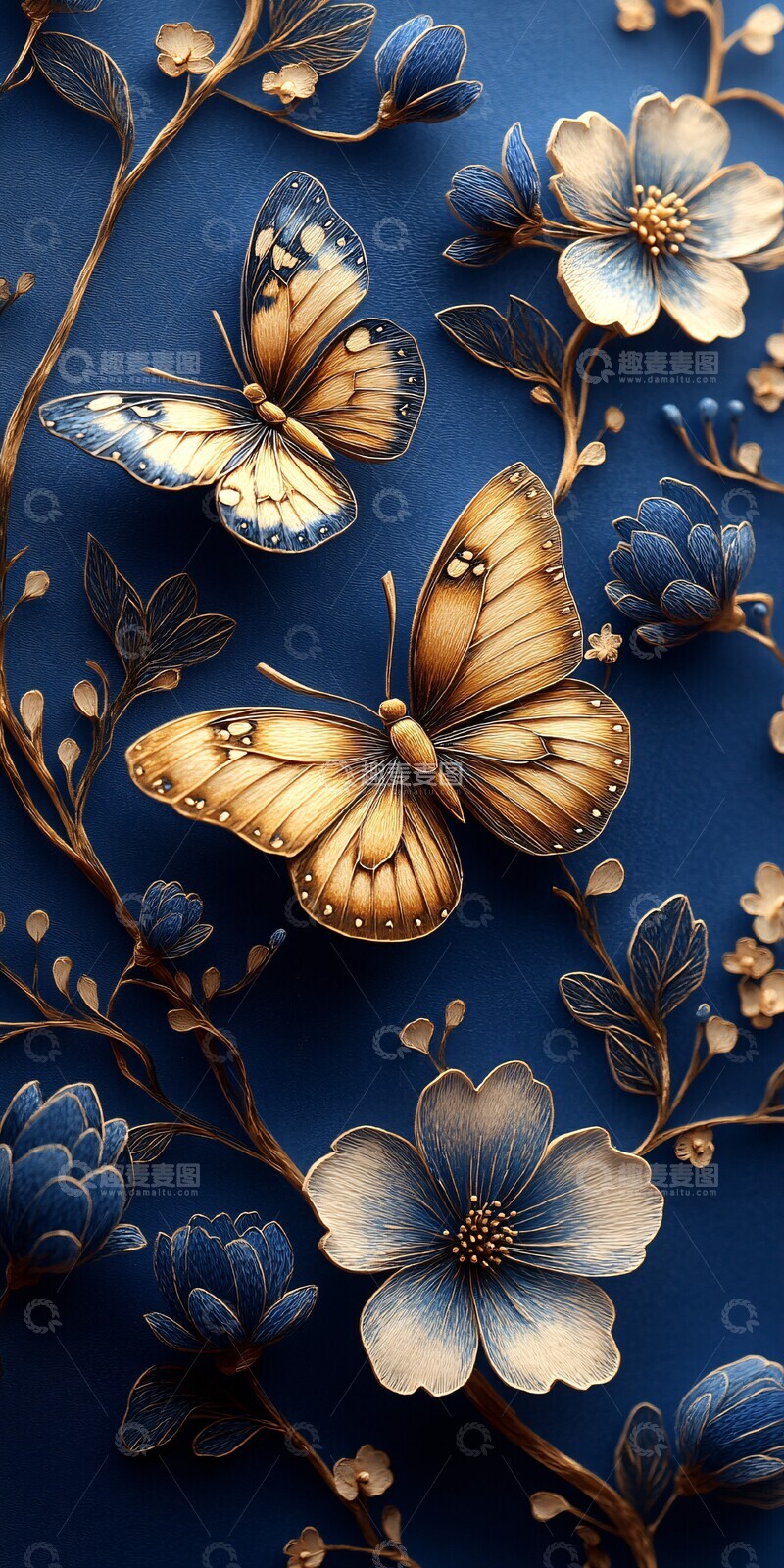 高清大图下载【趣麦麦图】三蝶白梅图三蝶白梅蓝底2