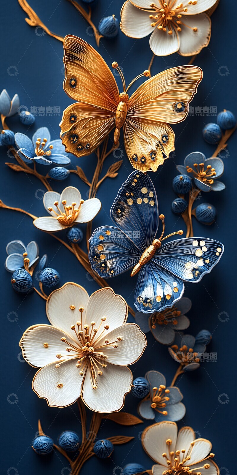 高清大图下载【趣麦麦图】三蝶白梅图三蝶白梅蓝底
