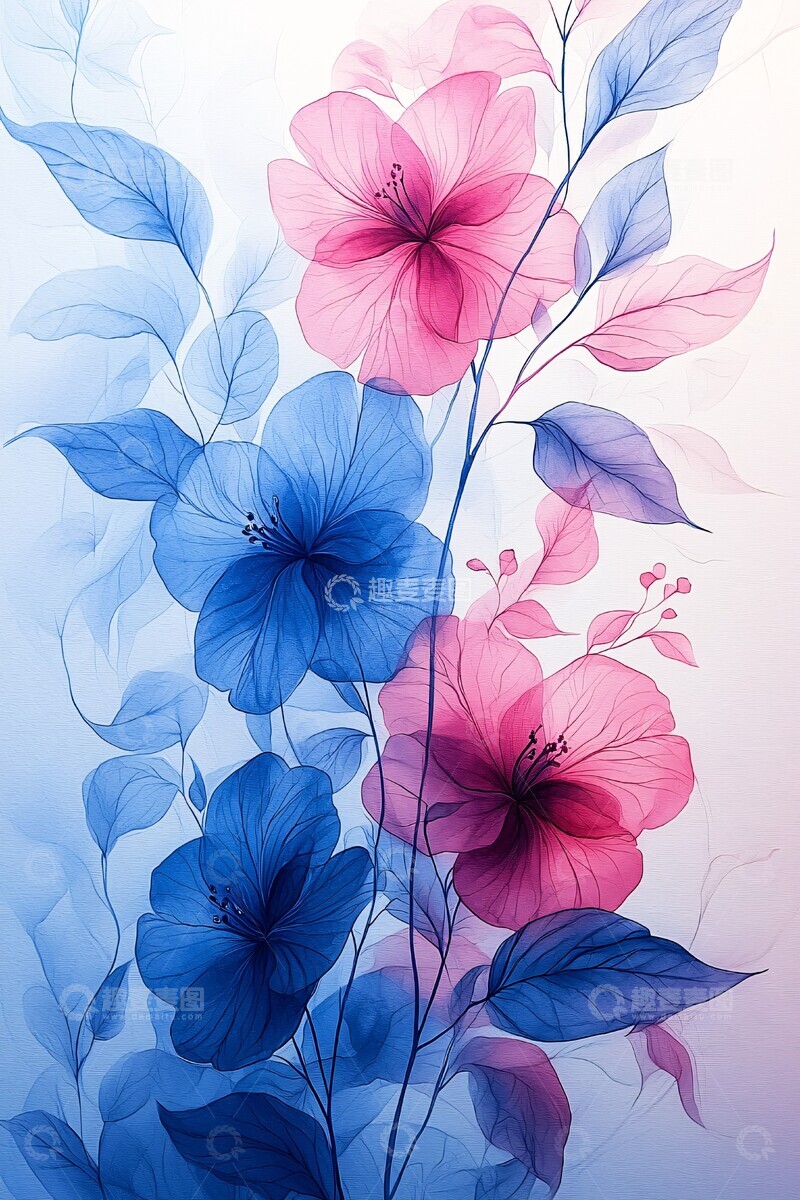 高清大图下载【趣麦麦图】粉蓝渐变花卉背景3