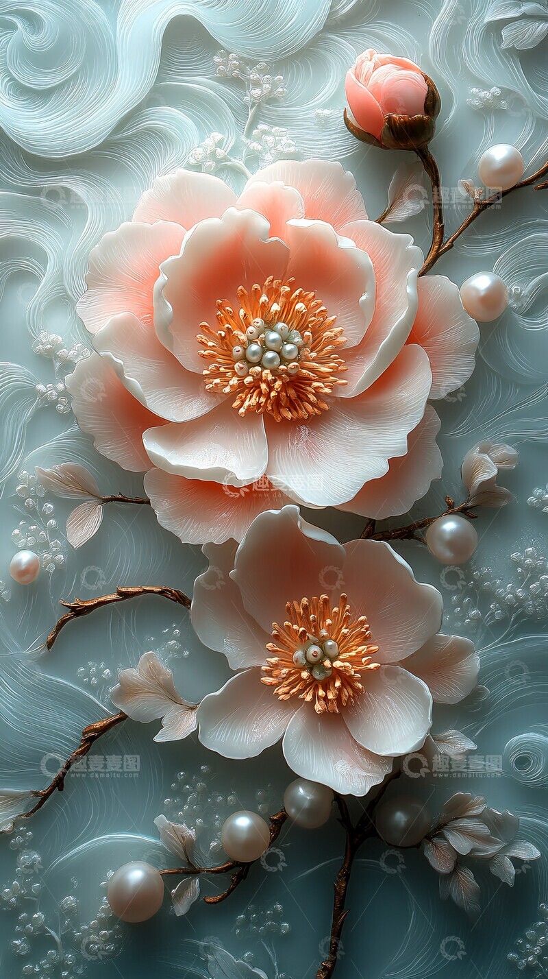 高清大图下载【趣麦麦图】牡丹水波玉雕画1