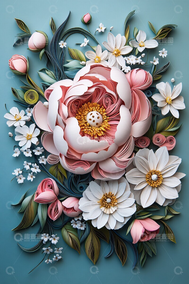 高清大图下载【趣麦麦图】粉色牡丹与白雏菊1