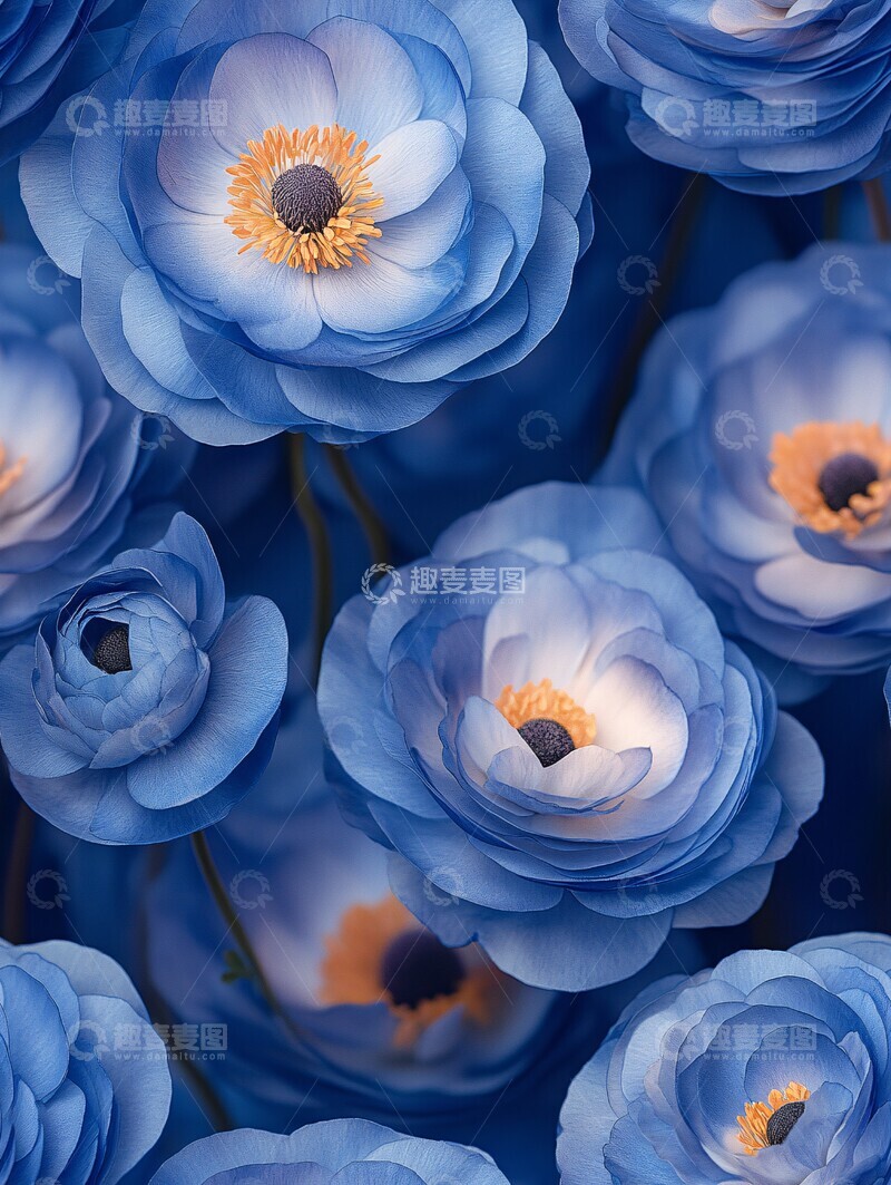 高清大图下载【趣麦麦图】蓝色毛茛花图案2