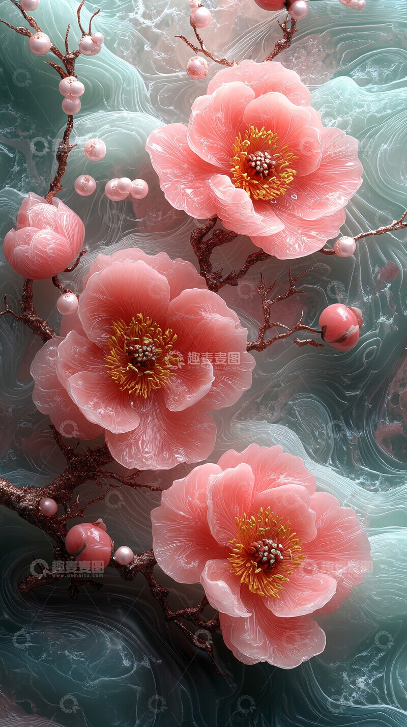 高清大图下载【趣麦麦图】牡丹水波玉雕画3