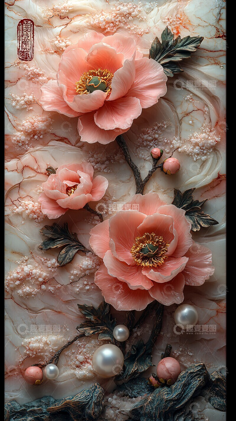 高清大图下载【趣麦麦图】牡丹水波玉雕画2