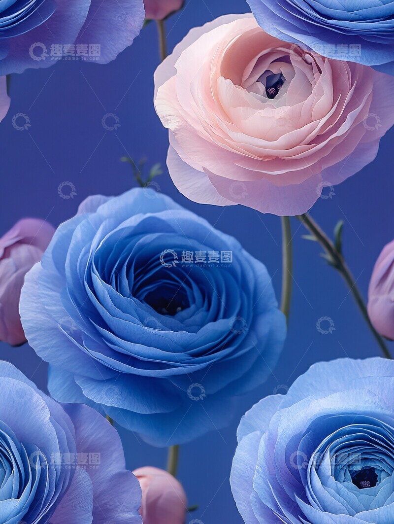 高清大图下载【趣麦麦图】蓝色毛茛花图案